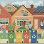 In a lively and eco-conscious Houston neighborhood, diverse community members engage in sustainable practices such as composting organic waste and recycling items like plastic bags and coffee pods.