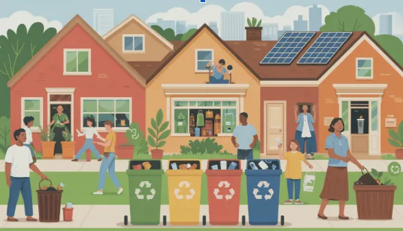 In a lively and eco-conscious Houston neighborhood, diverse community members engage in sustainable practices such as composting organic waste and recycling items like plastic bags and coffee pods.